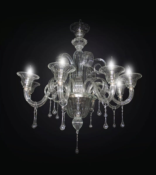 VINTAGE Classic Chandelier in Clear Cristallo Glass, Murano Glass Chandelier with Floral Elements, Clear Chandelier